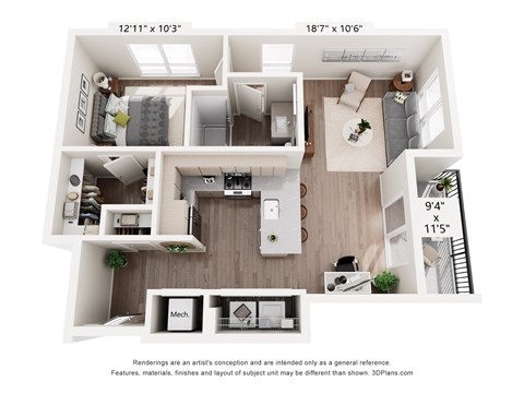 Floor plan for 1 bed, 1 bath, 779 sqft